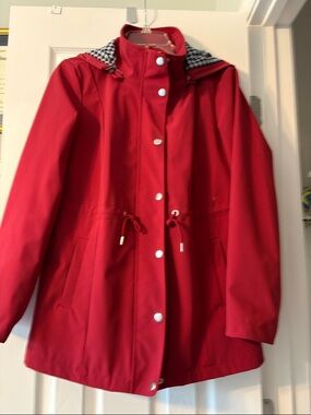 Market & Spruce Red Hooded Trench Coat with Houndstooth Lining